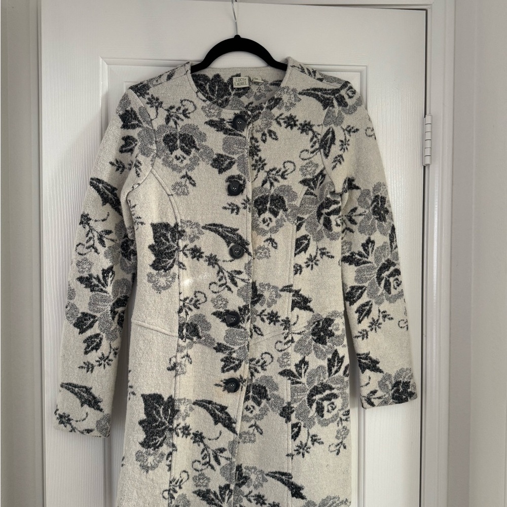 Lucy & Laurel Cream and Black Floral Pea Coat
